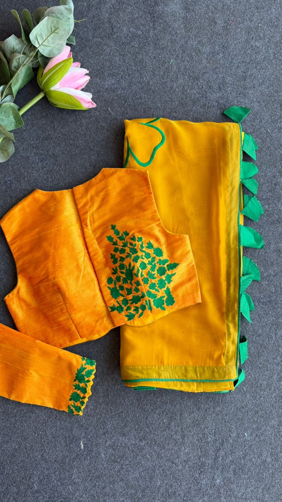 Mustard yellow soft organza saree with embroidery blouse
