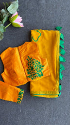 Mustard yellow soft organza saree with embroidery blouse