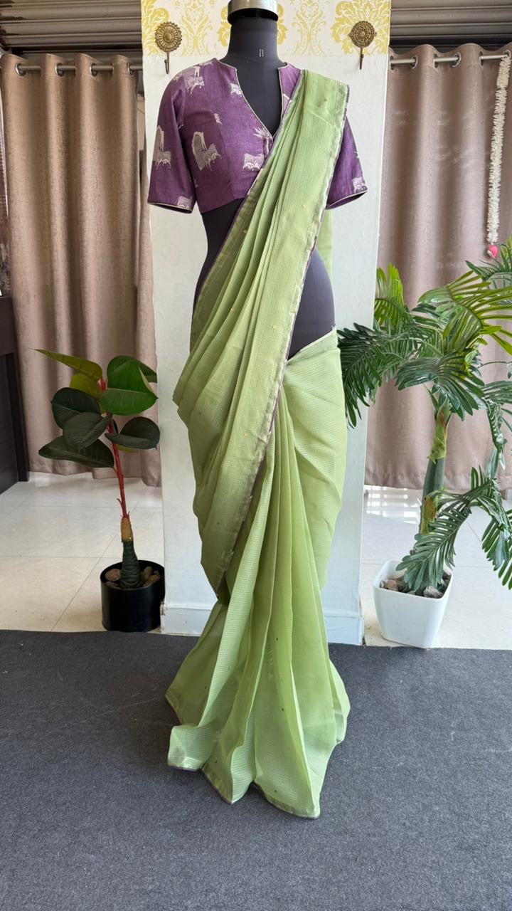 Parrot kota saree with lavender cotton blouse
