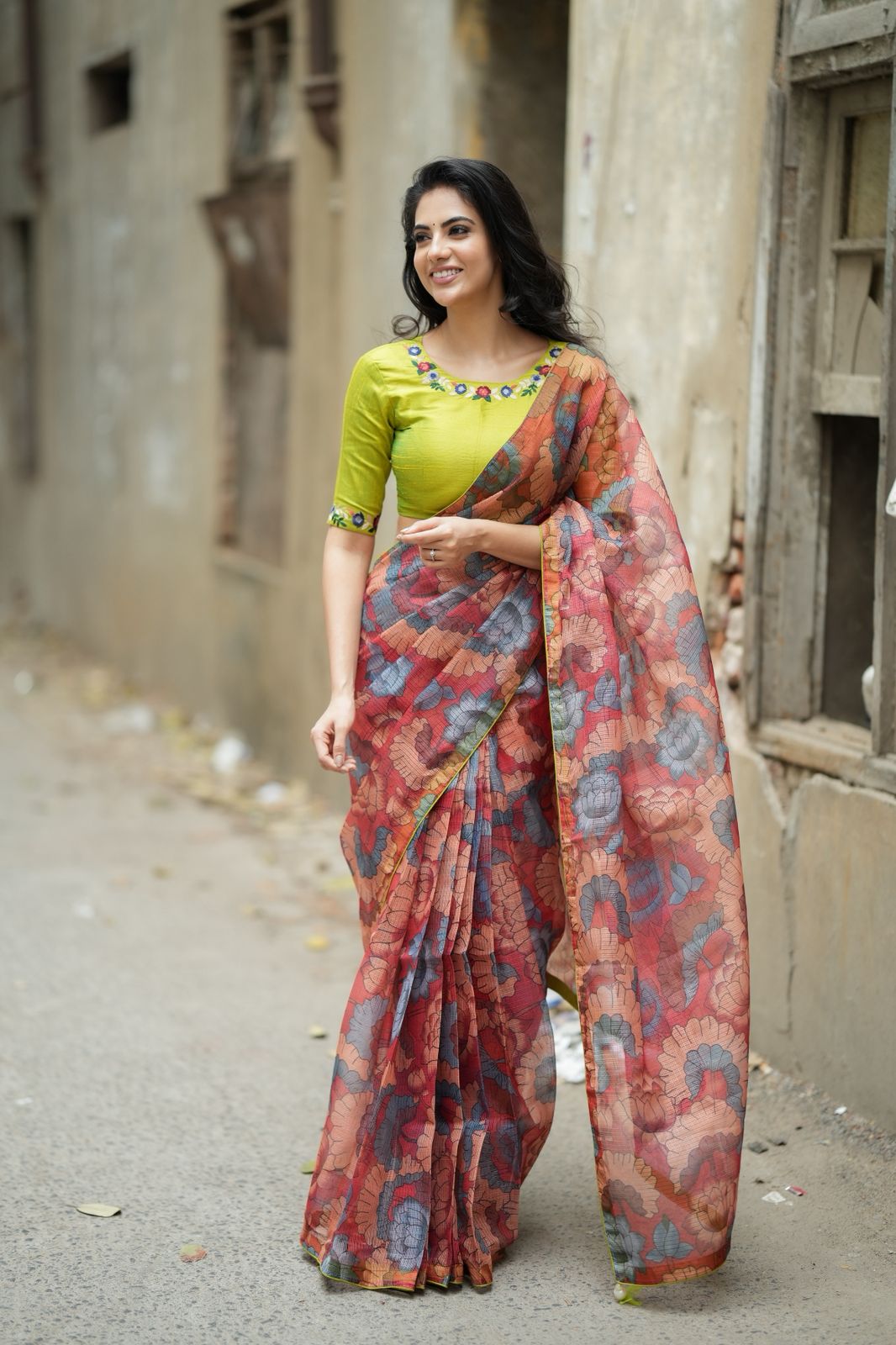 Parrot green floral hand work blouse (only blouse)