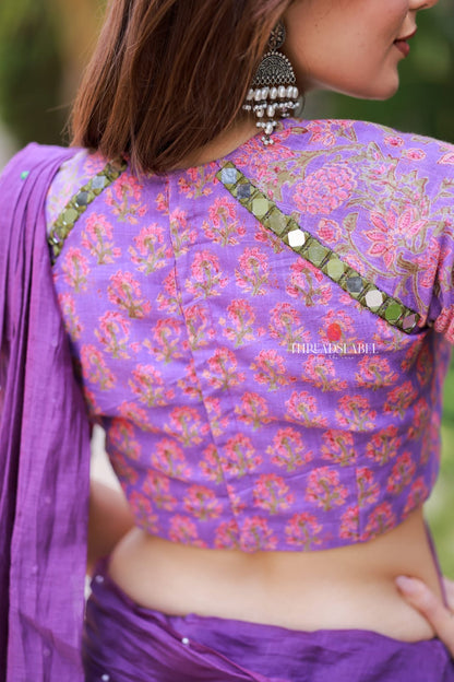 Purple mul chanderi saree with mirror work blouse