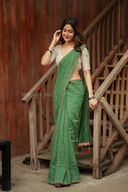 Green mul chanderi saree with halfwhite embroidery blouse