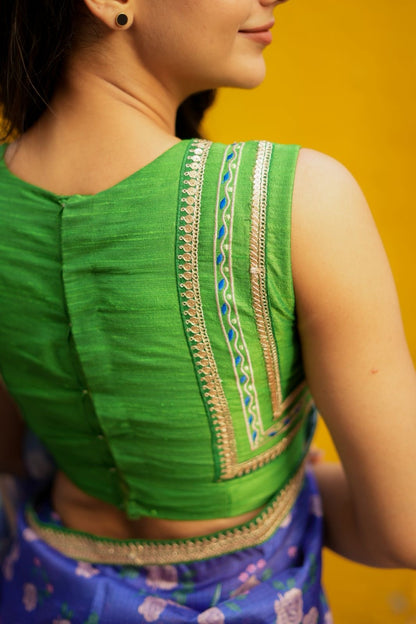 Blue kota saree with green hand work blouse