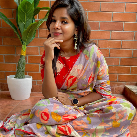 Grey floral soft organza saree with banarasi blouse