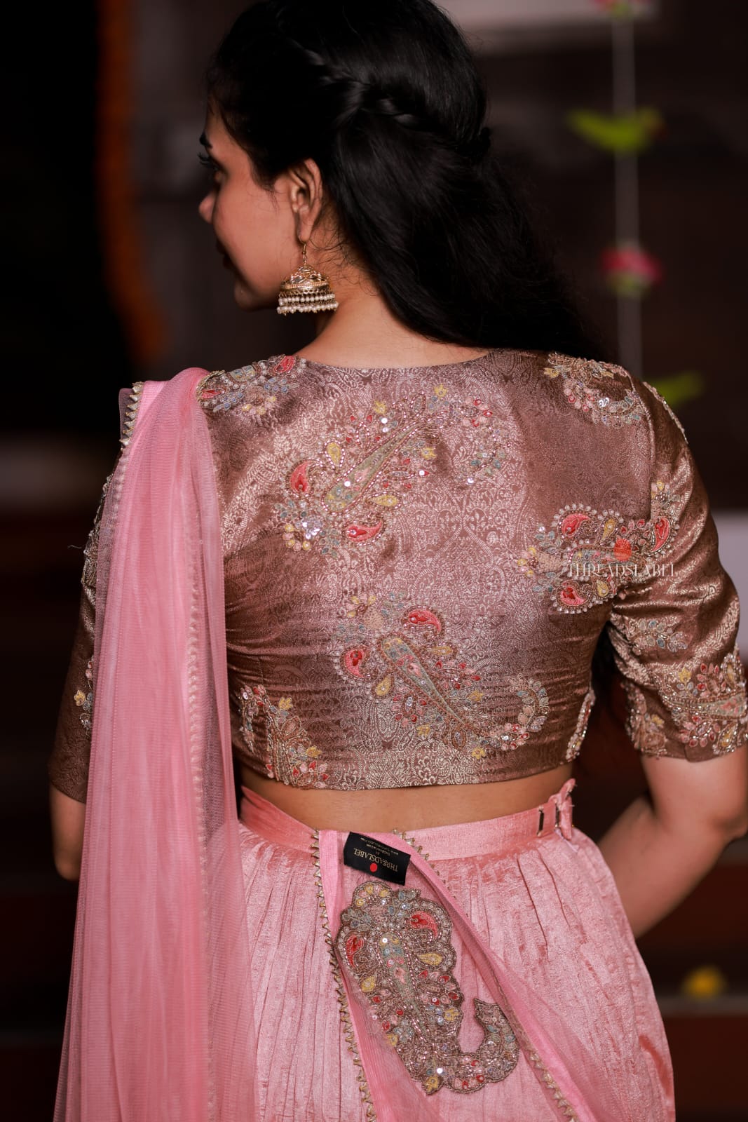 Pink marble silk lehenga with handwork blouse
