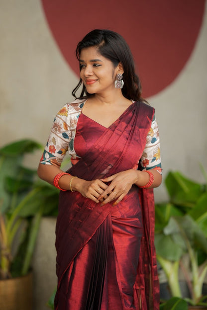 Wine soft tissue saree with floral blouse