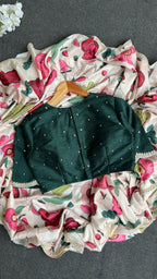 Half white floral kossa saree with green hand worked blouse