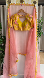Peach organza saree with yellow floral hand work blouse