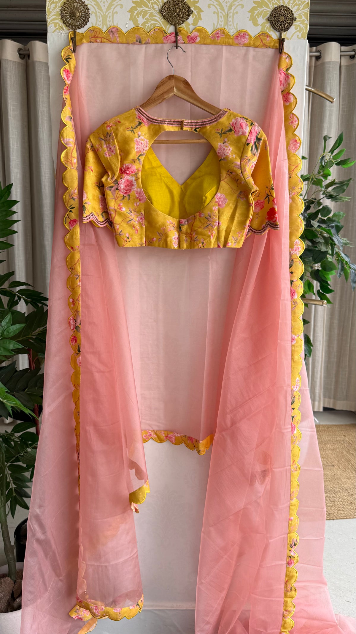 Peach organza saree with yellow floral hand work blouse