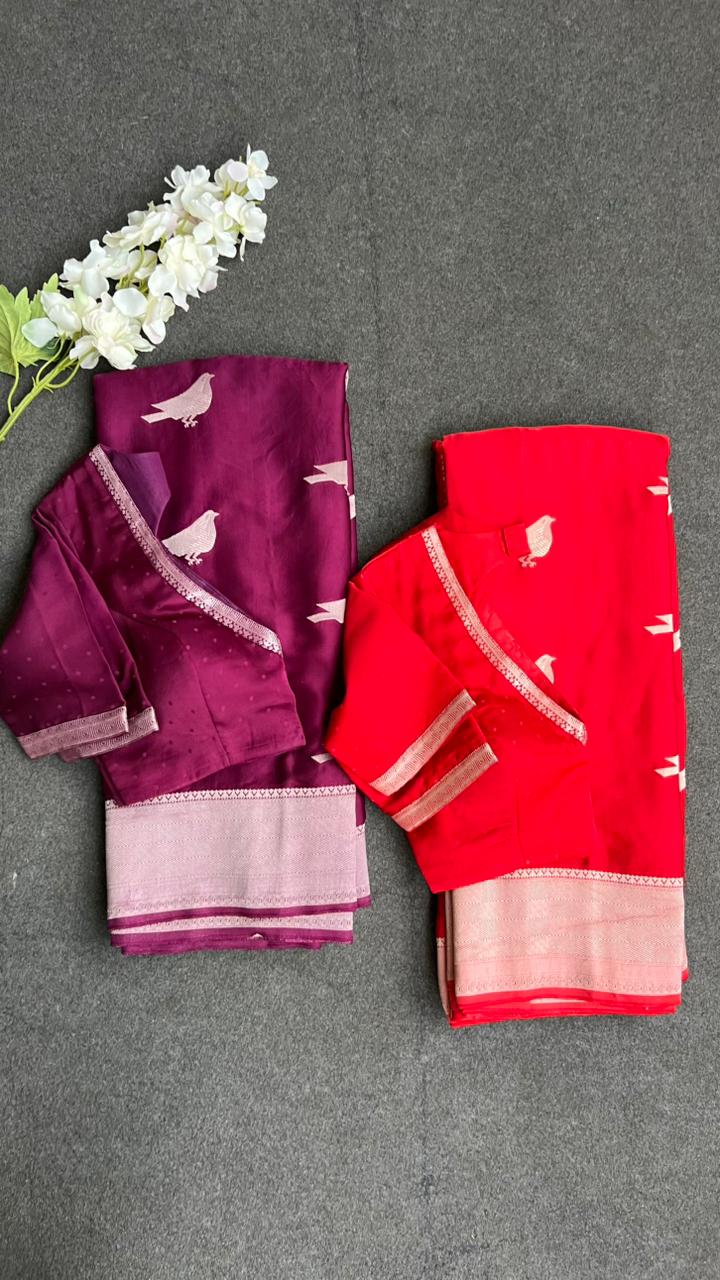 Wine malai silk saree with zari work blouse