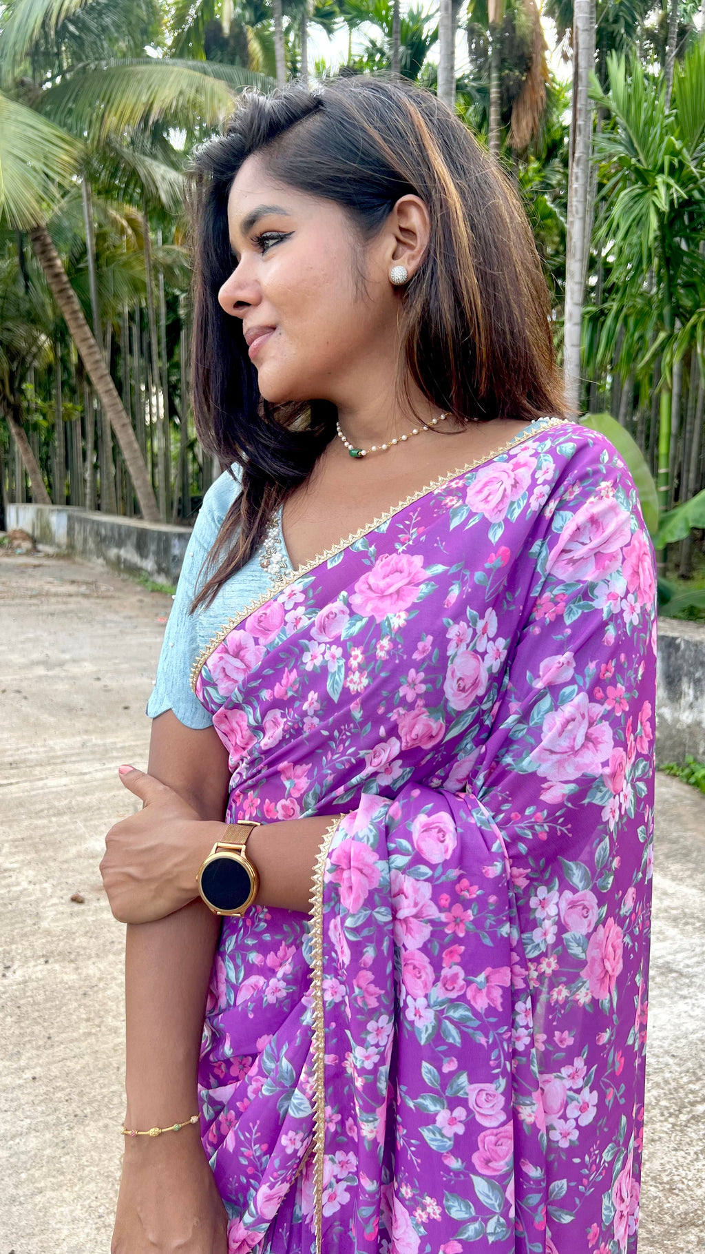 Purple floral georgette saree with hand worked blouse