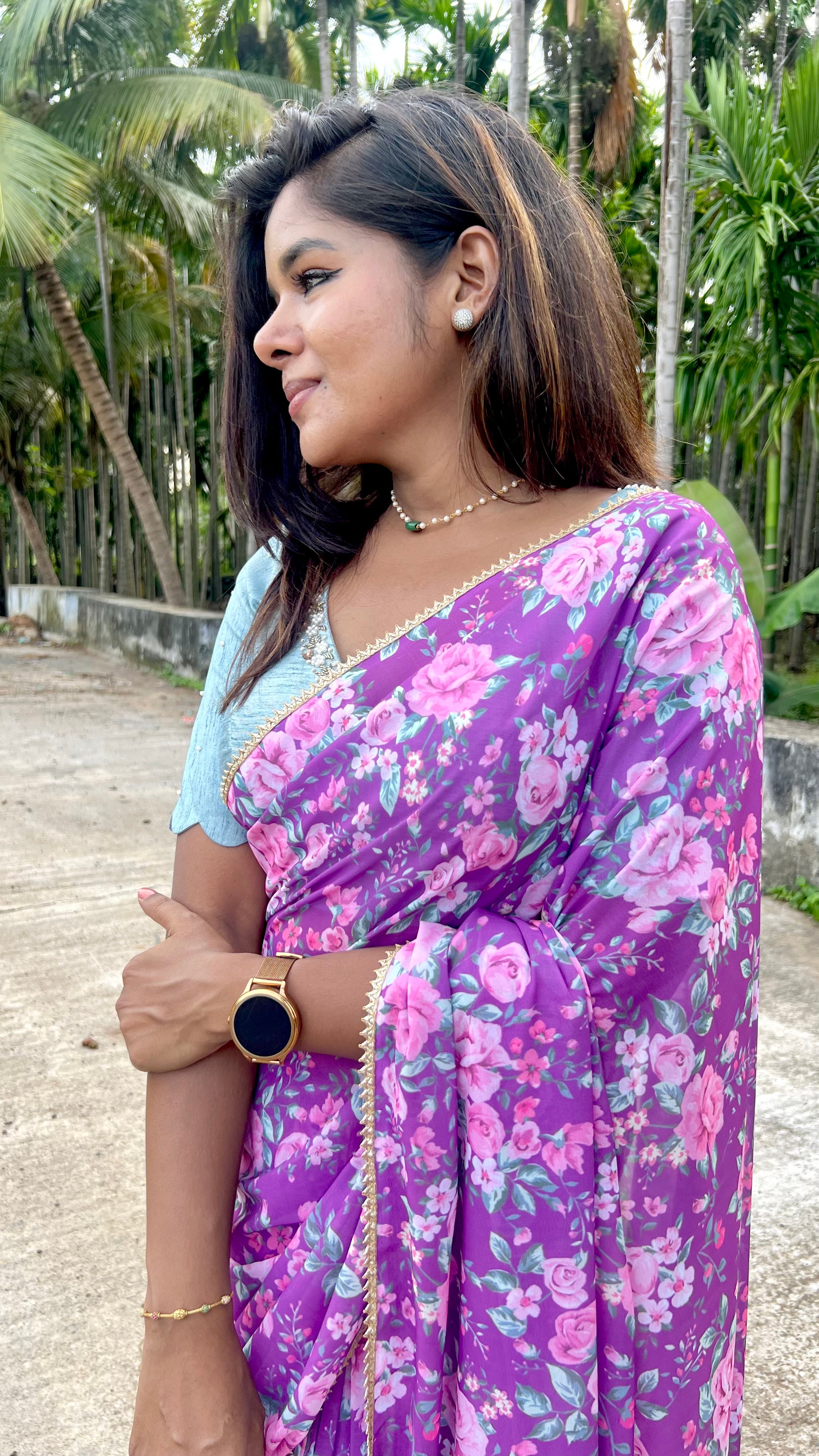 Purple floral georgette saree with hand worked blouse