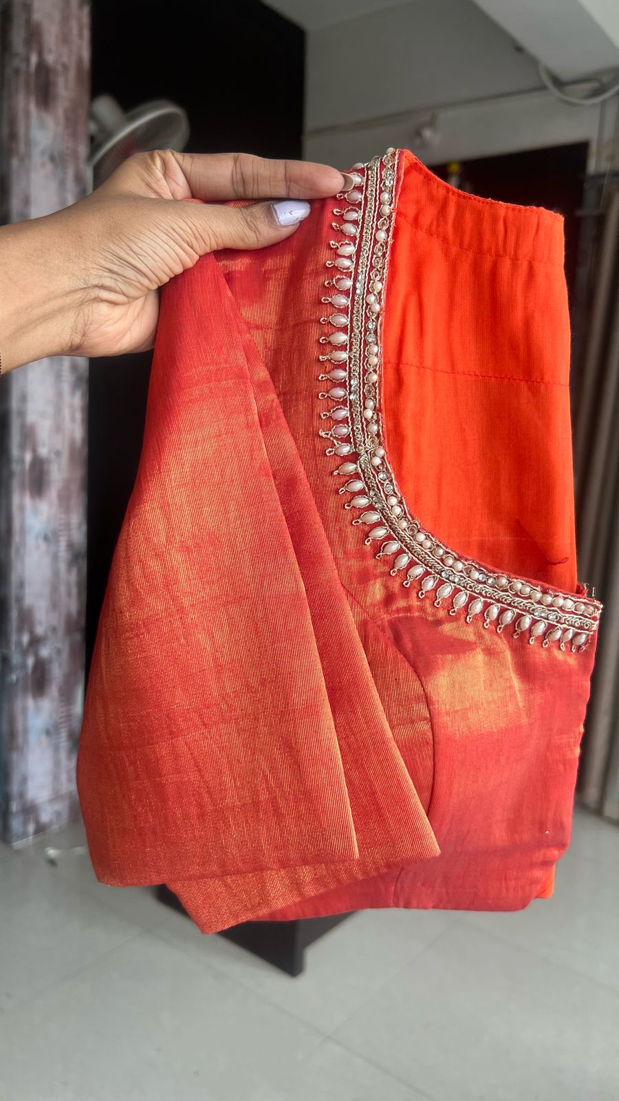 Orange red tissue pearl worked blouse