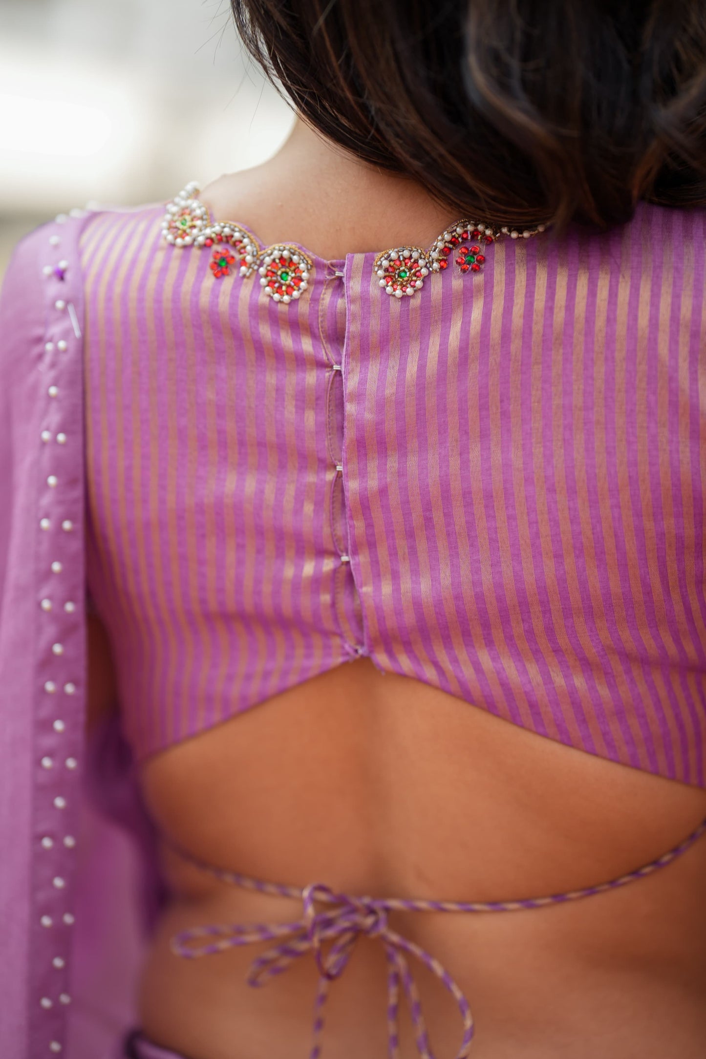 Lavender marble saree with Jewel neck handwork blouse