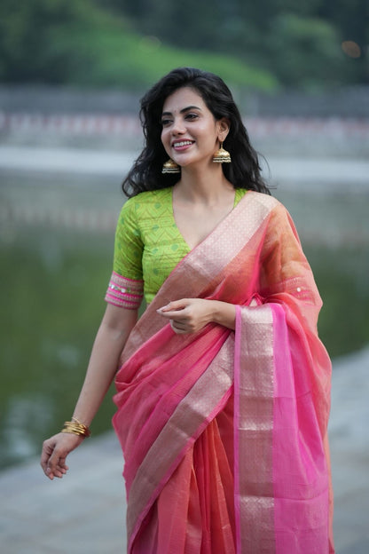 Parrot ikkat silk hand work blouse (Only blouse)