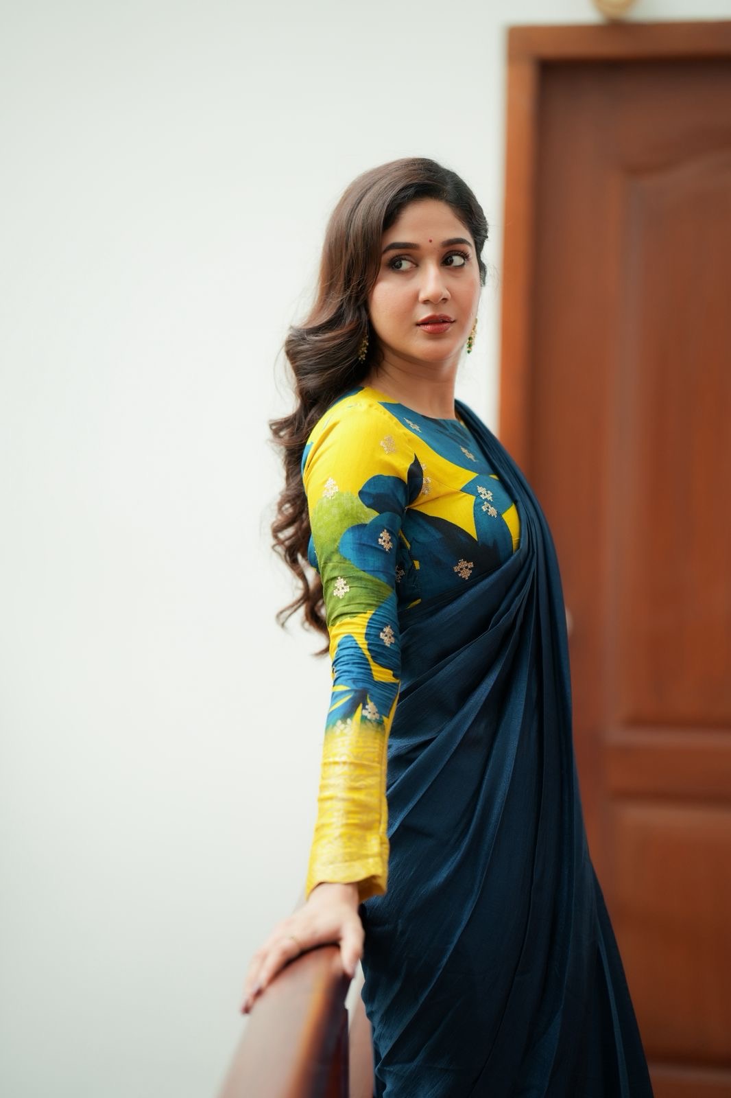 Deep blue marble silk saree with embroidery blouse