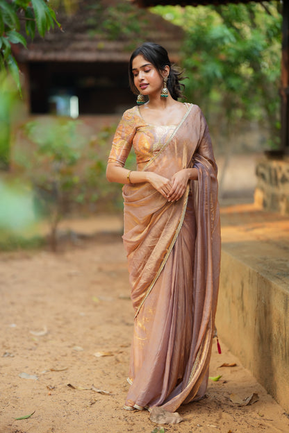 Golden peach glass tissue saree with banarasi blouse