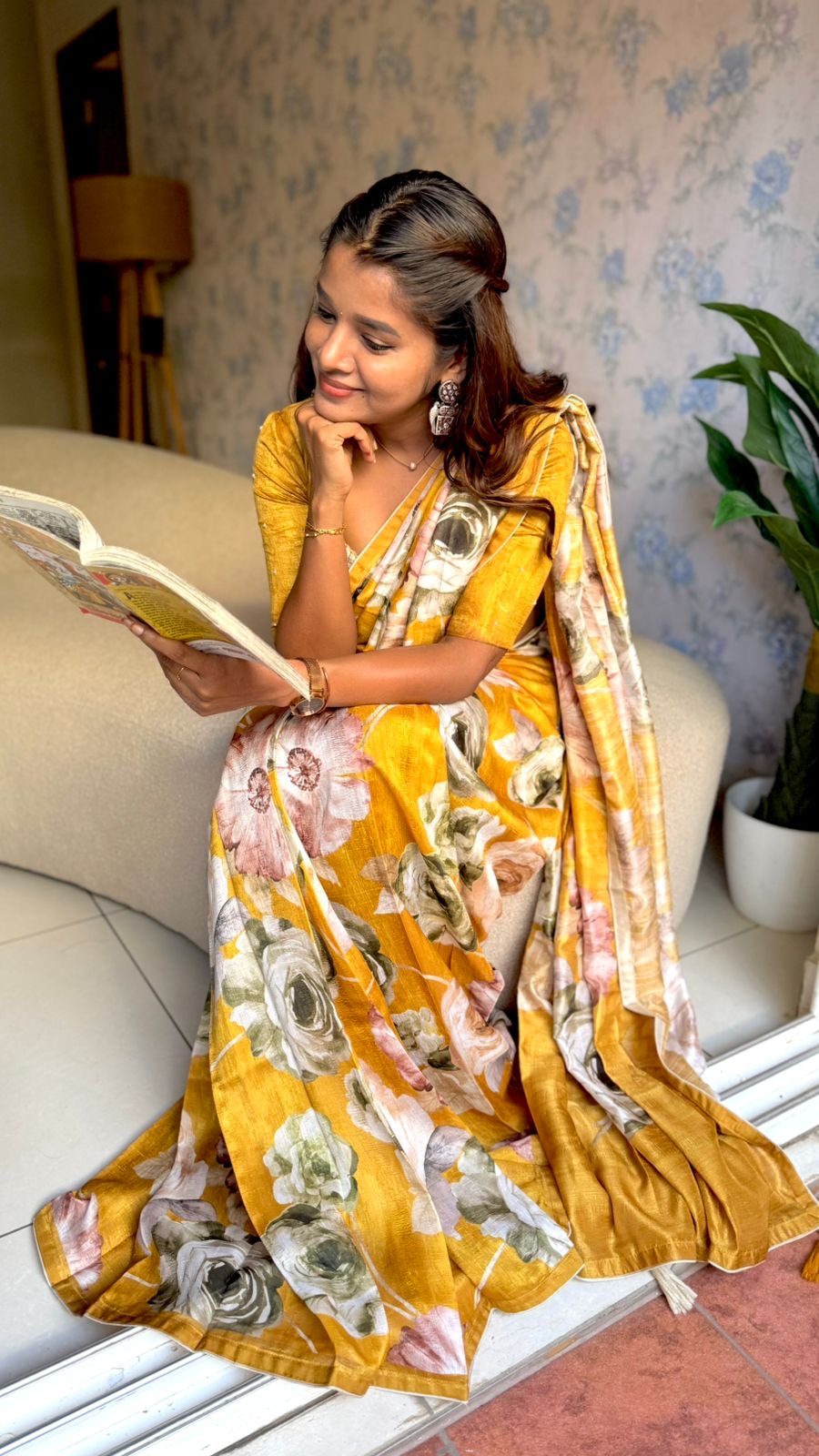 Mustard yellow marble saree with pearl work blouse