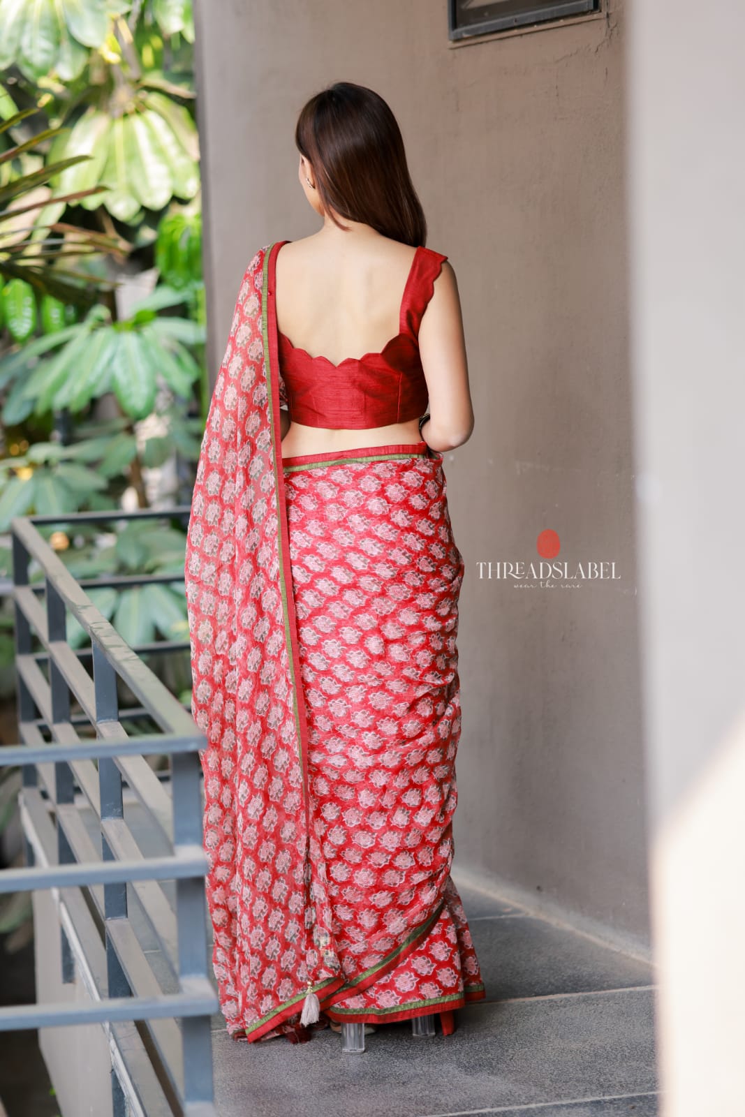 Red cotton kota saree with hand work blouse