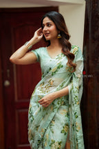 Sea green viscose jute floral saree (only saree)