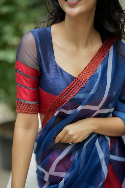 Blue maroon organza saree with patterned blouse