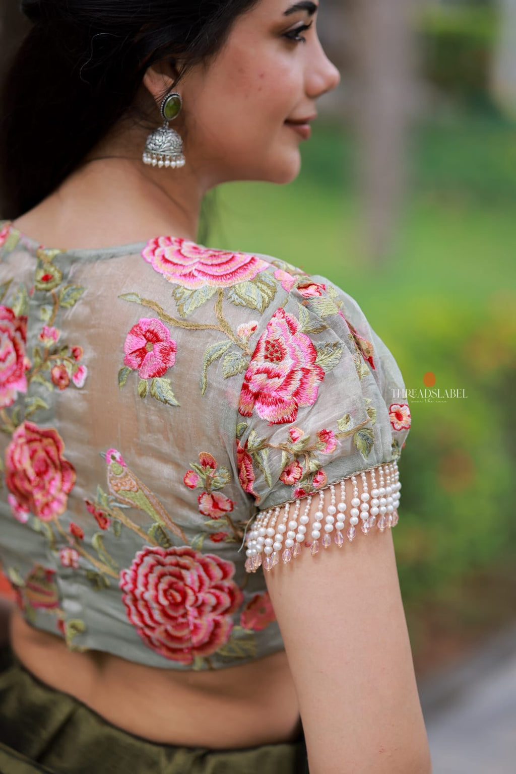 Bottle green Marble Saree with Handwork Blouse