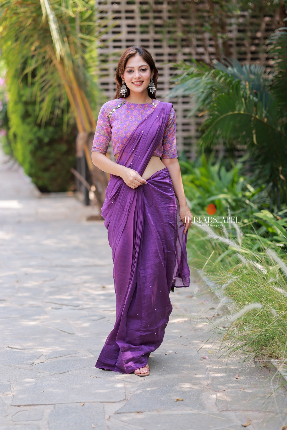Purple mul chanderi saree with mirror work blouse