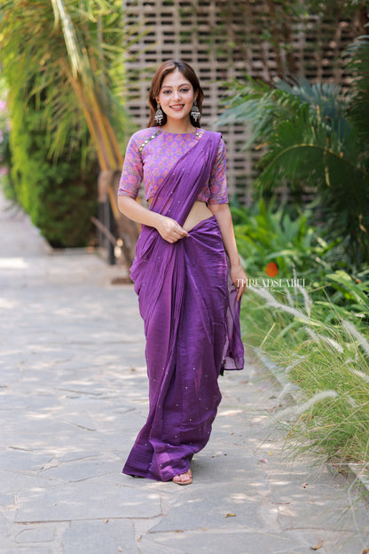 Purple mul chanderi saree with mirror work blouse