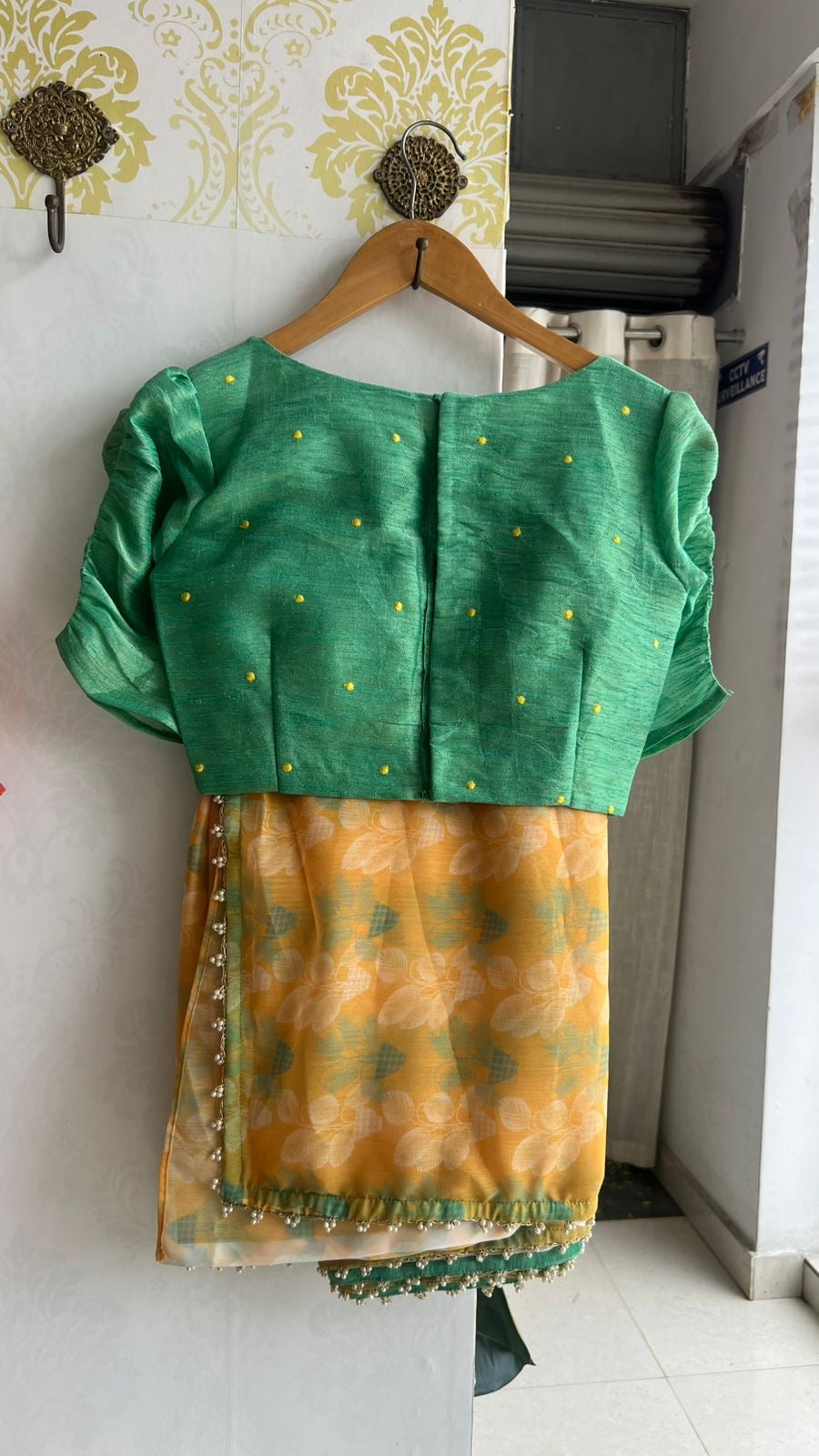 Green tissue floral hand work blouse (only blouse)