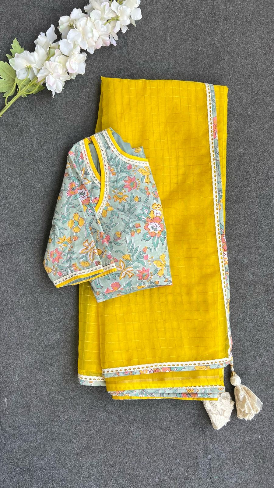 Yellow checked organza with floral cotton blouse