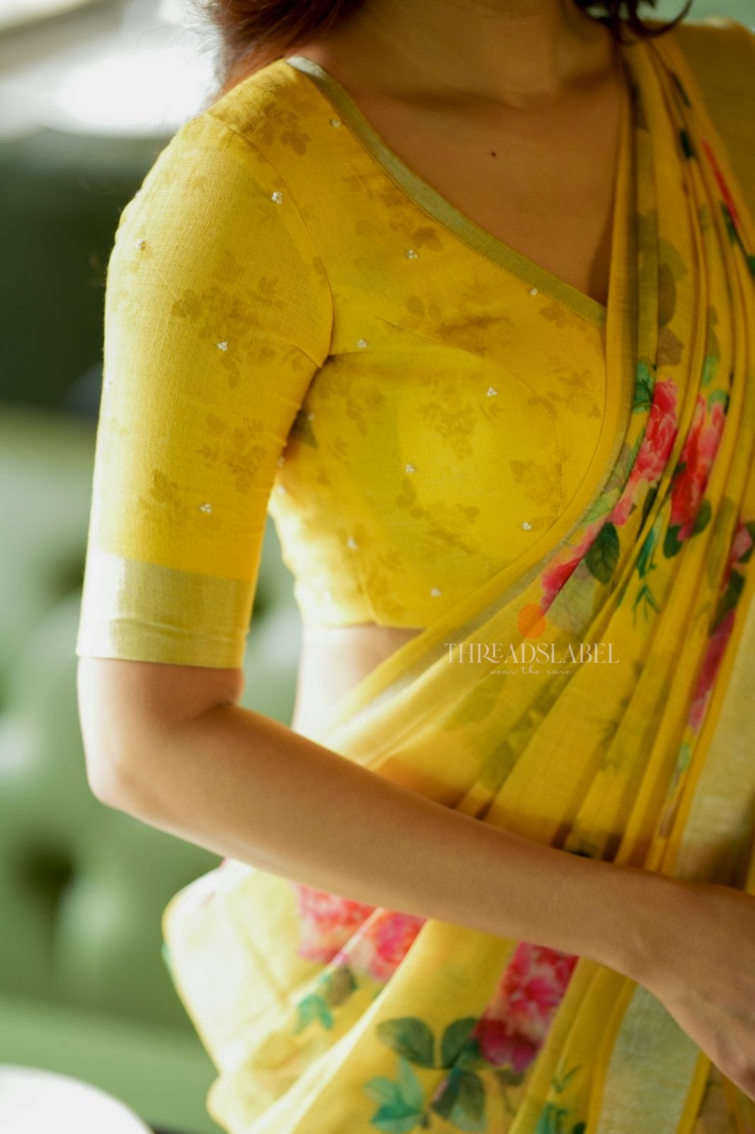 Yellow linen cotton saree with hand work blouse