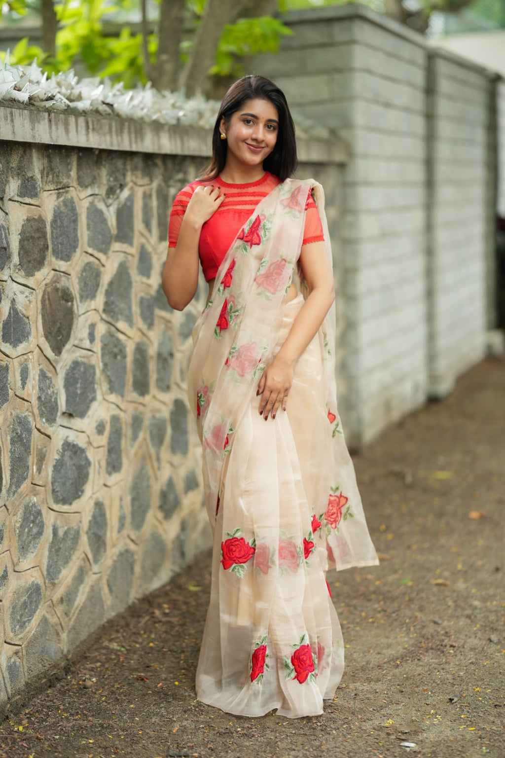 Glossy organza saree with red embroidery blouse