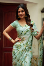 Sea green viscose jute floral saree (only saree)