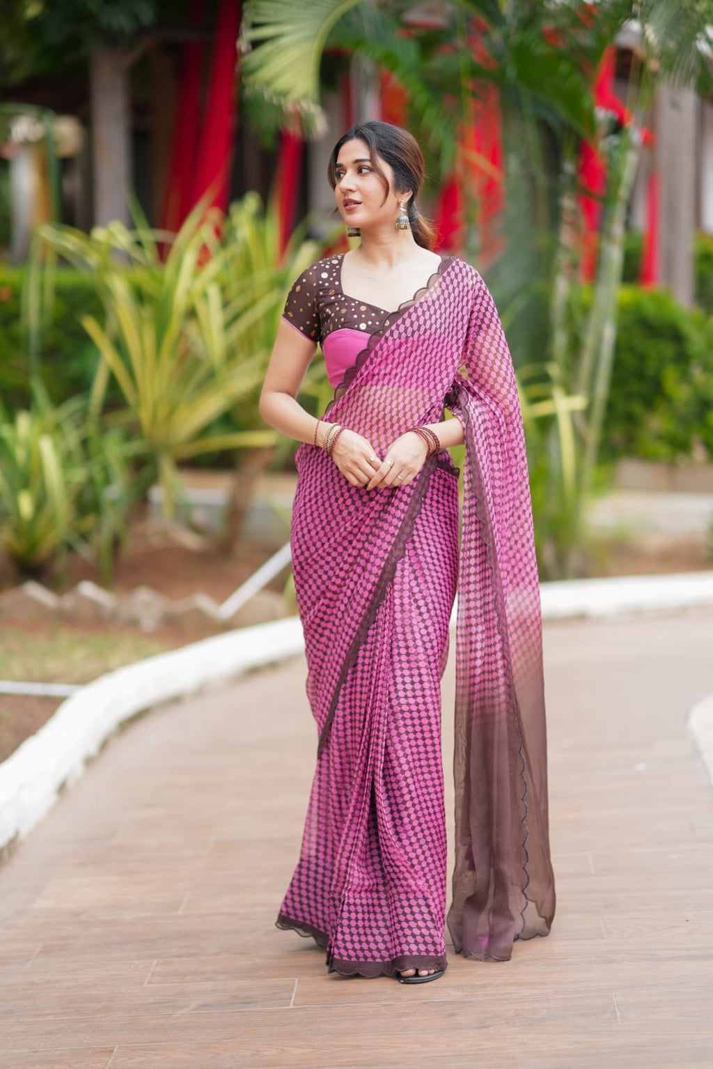 Pink viscose jute saree with hand work blouse