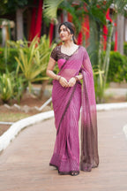 Pink viscose jute saree with hand work blouse