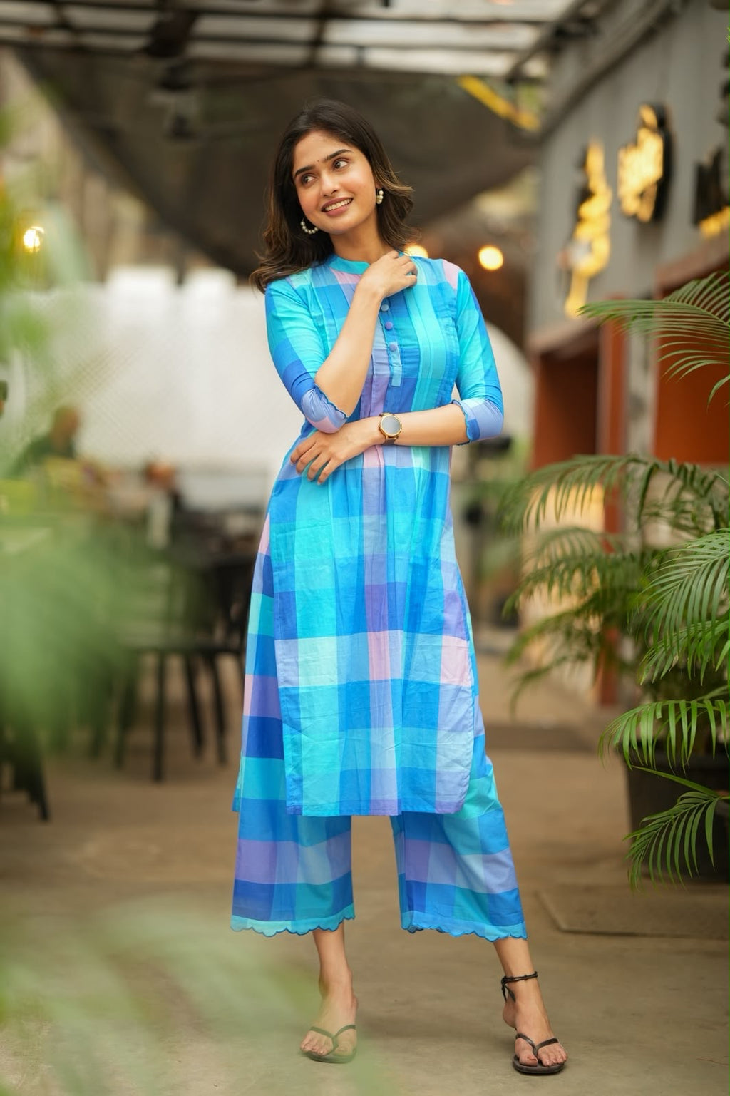 Blue checked cotton 2 piece kurti