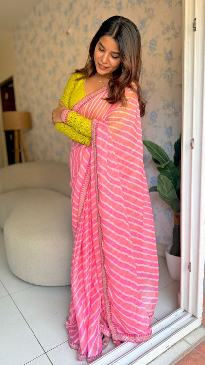 Pink lehariya saree with green hakoba embroidery blouse