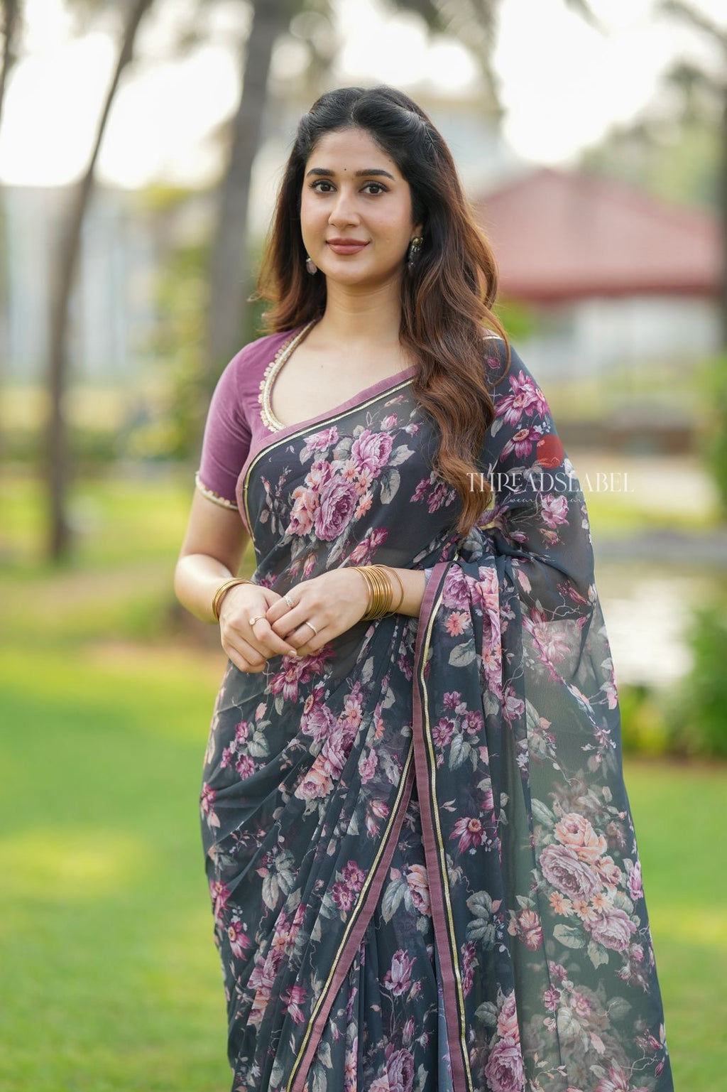Grey georgette floral print saree (only saree)