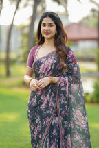 Grey georgette floral print saree (only saree)