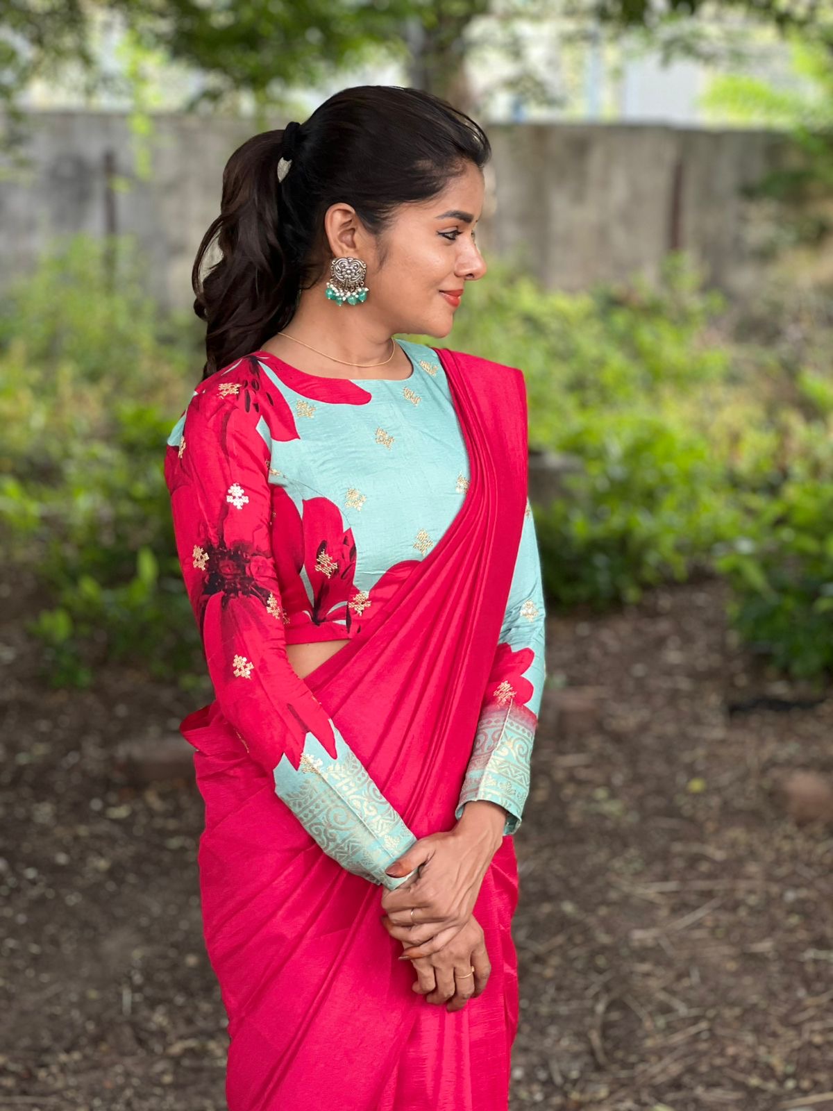 Pink marble silk saree with  embroidery blouse
