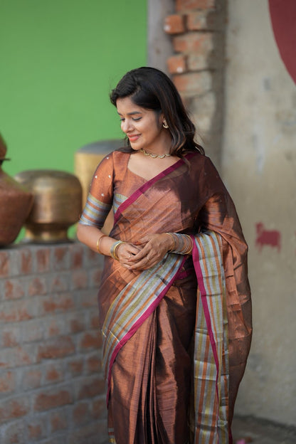 Copper soft tissue saree with handwork blouse