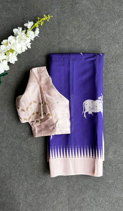 Purple cow tusser saree with  hand worked blouse