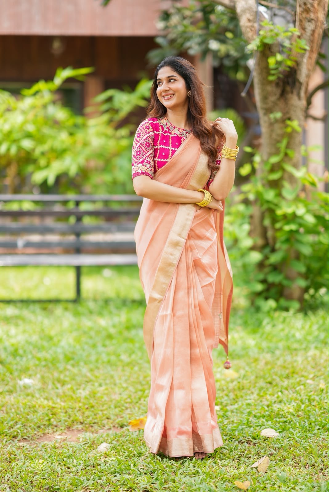 Peach banarasi saree with silk hand work blouse