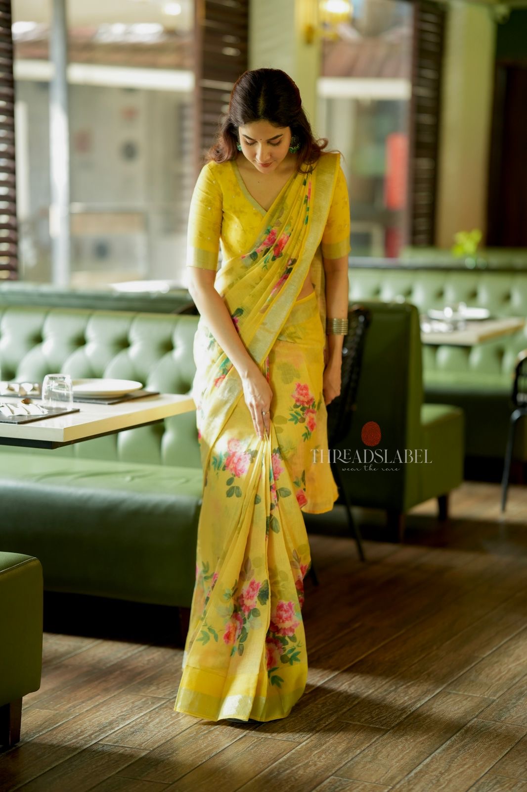 Yellow linen cotton saree with hand work blouse