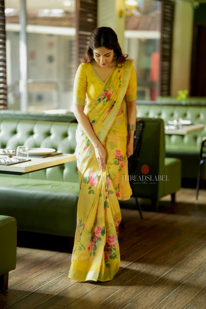 Yellow linen cotton saree with hand work blouse