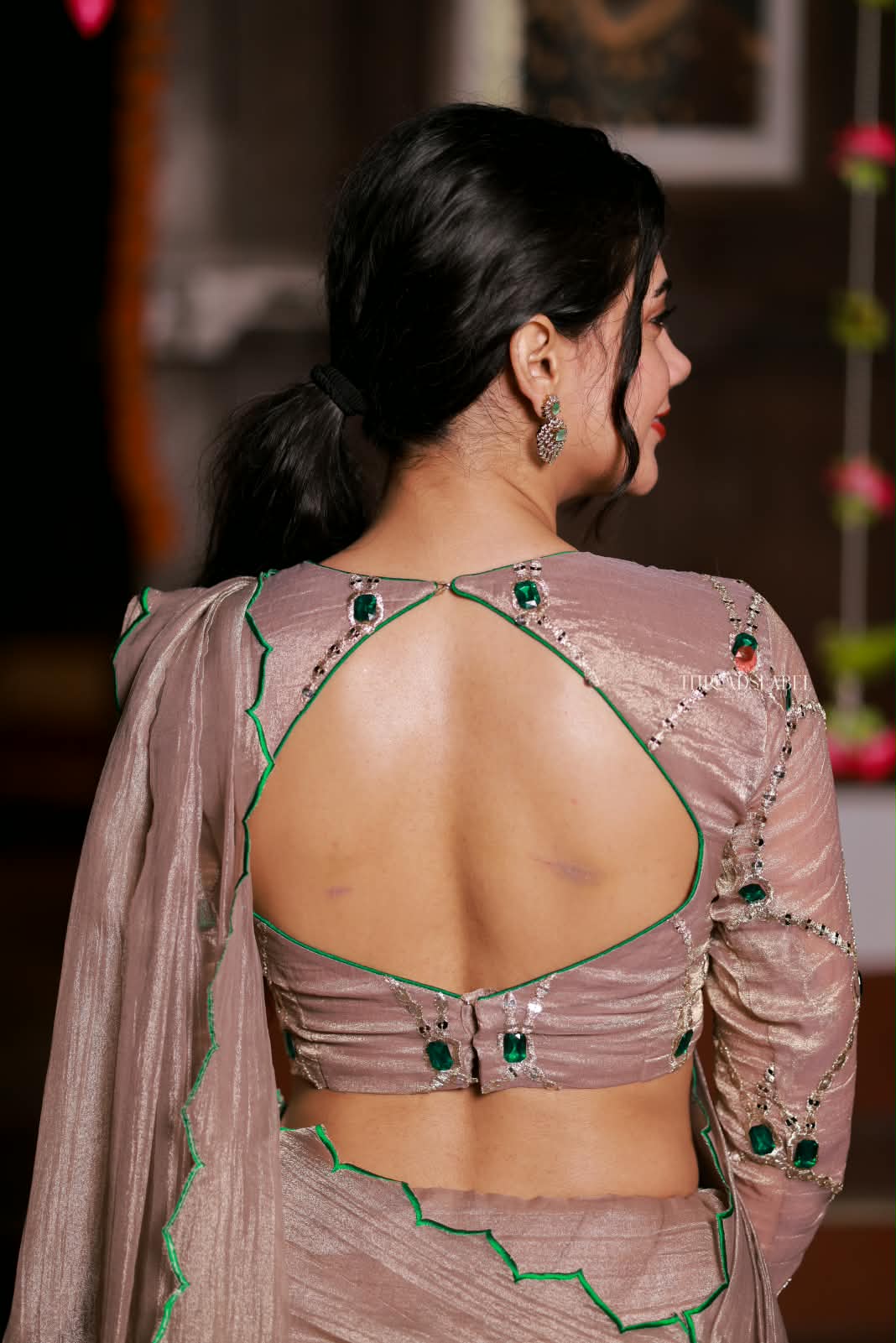 Dusty silver tissue hand made saree & blouse
