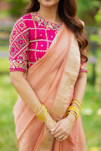 Peach banarasi saree with silk hand work blouse