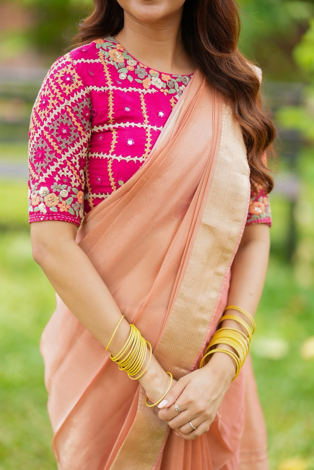 Peach banarasi saree with silk hand work blouse