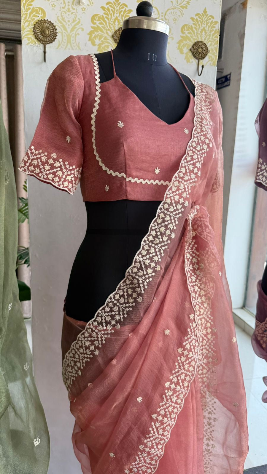 Peach tissue saree with tissue embroidery blouse