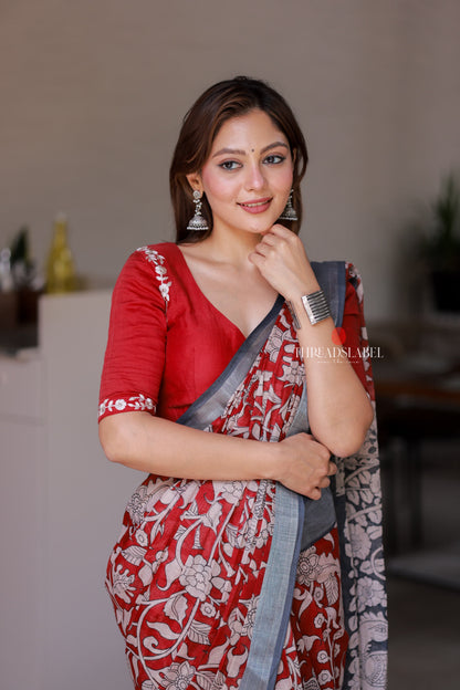 Reddish maroon linen cotton kalamkari saree with embroidery blouse
